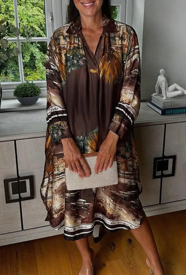 Robe chemise en aspect soie pour femmes au style caftan avec imprimé côtier illustratif R&B