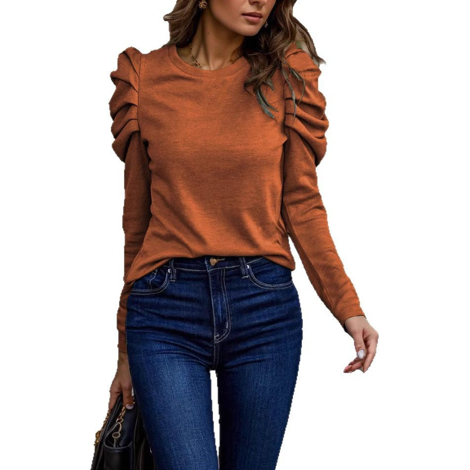T-shirt à manches longues pour femmes avec fronces en dégradé aux épaules et coupe cintrée