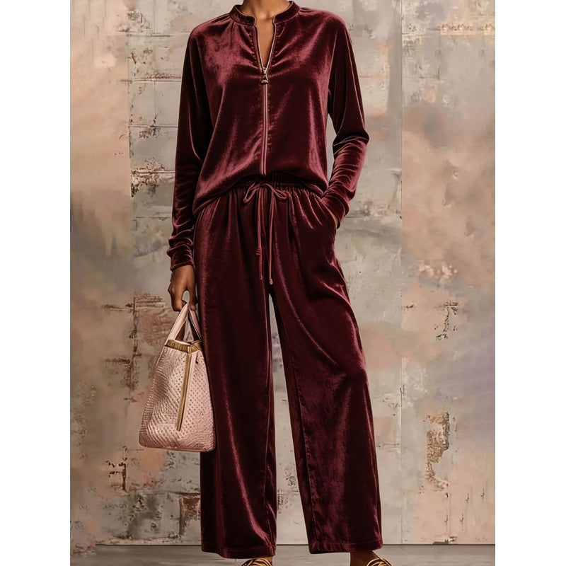 Ensemble lounge en velours pour femmes avec col montant, demi-fermeture éclair et pantalon palazzo large Echoarchiv