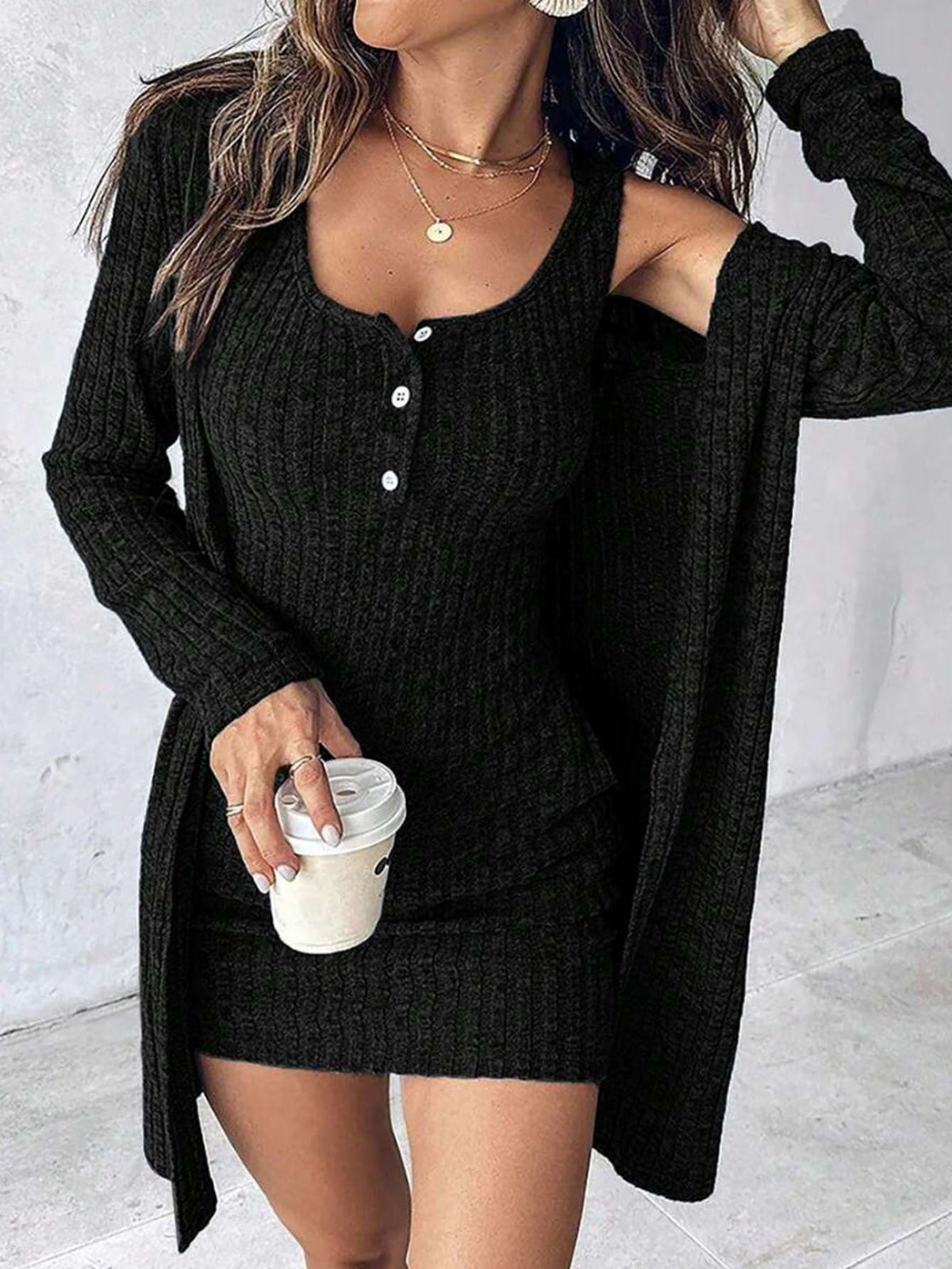 Ensemble Twinset en Tricot Rippé pour Femmes avec Robe Tricot Épousant les Formes et Cardigan Long Ouvert Echoarchiv