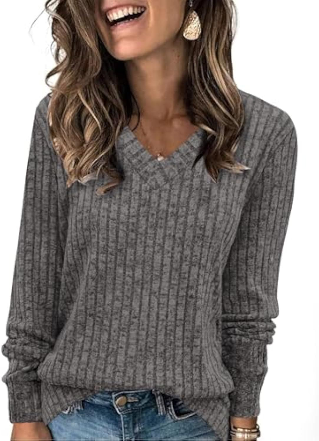 Pull fin à col V côtelé pour femmes
