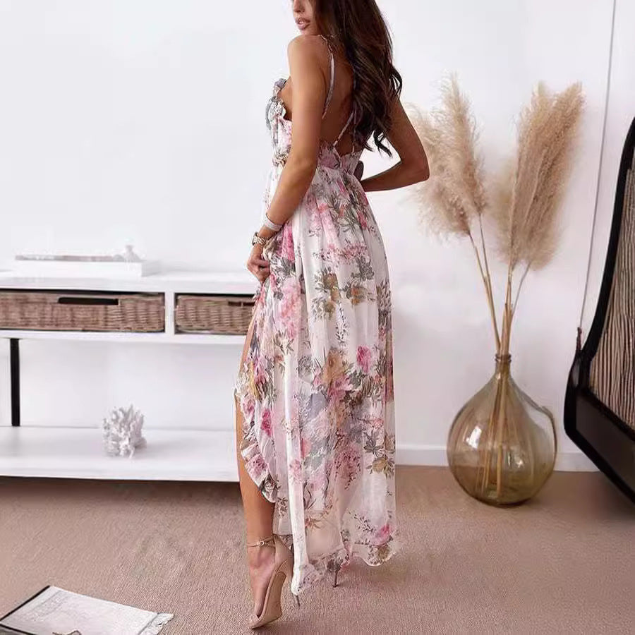 Robe maxi en chiffon romantique pour femmes avec bretelles spaghetti doubles, fronces sous la poitrine, jupe à volants en plusieurs couches et fente sur le côté R&B