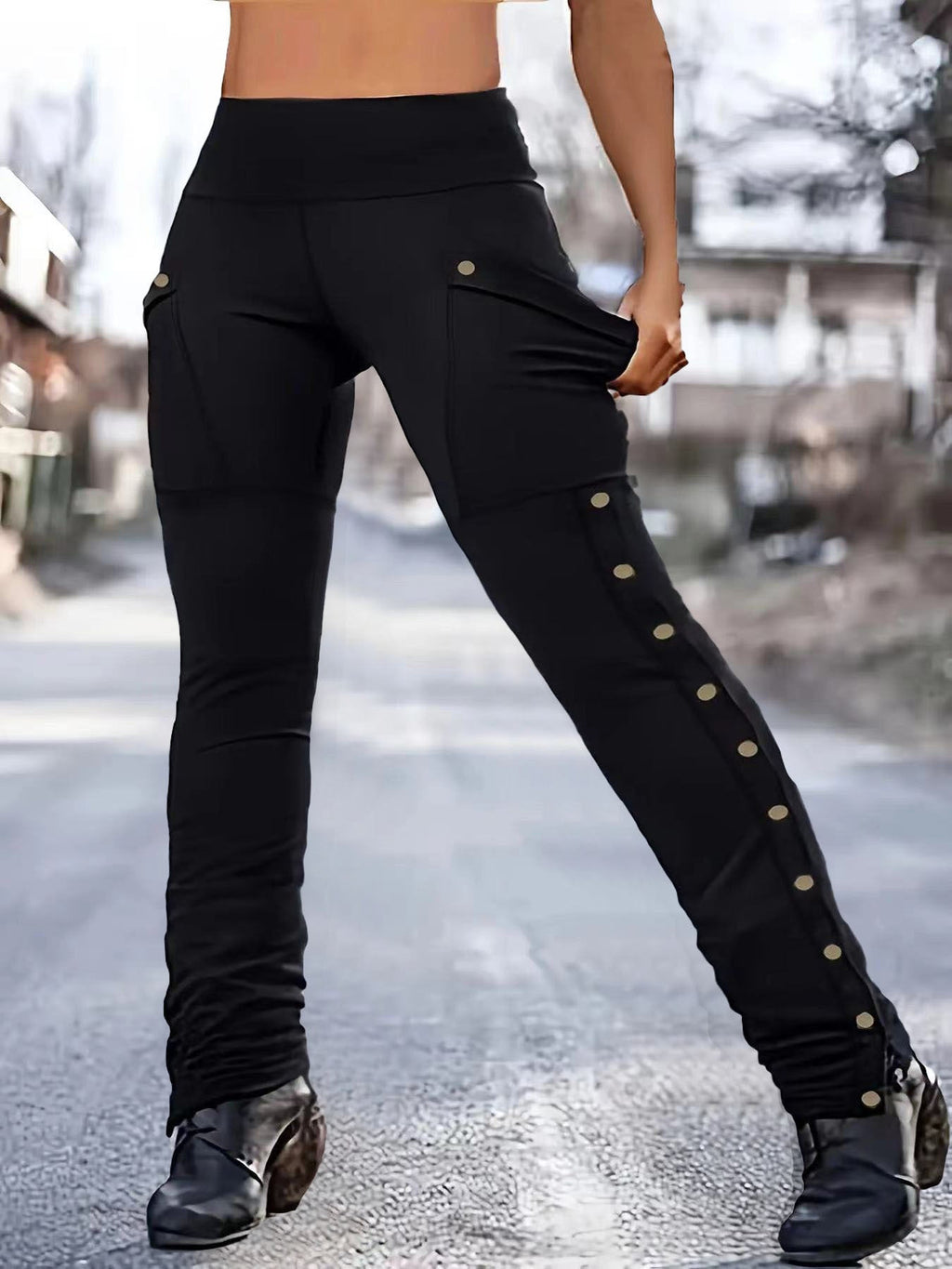 Leggings Stretch Taille Haute pour Femmes avec Poches Cargo et Détail de Bouton-pression Echoarchiv