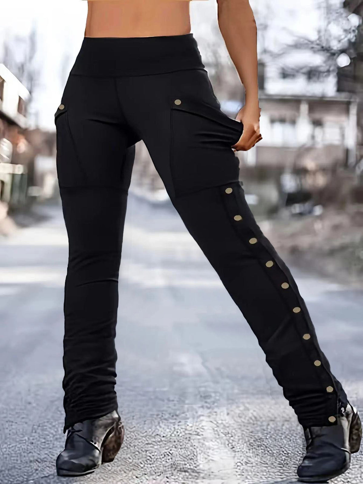 Leggings Stretch Taille Haute pour Femmes avec Poches Cargo et Détail de Bouton-pression Echoarchiv