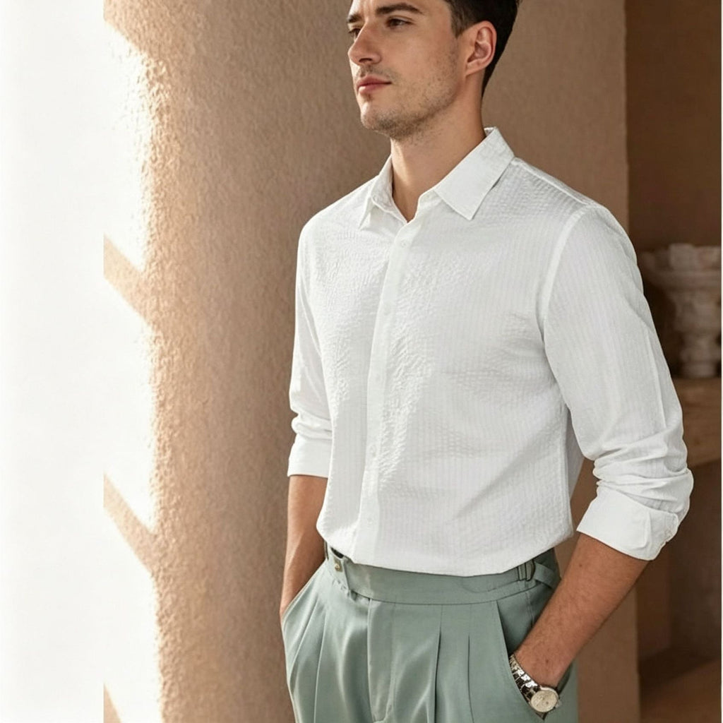 Chemise structurée en coton-lin pour hommes avec col Kent et ourlet arrondi Echoarchiv