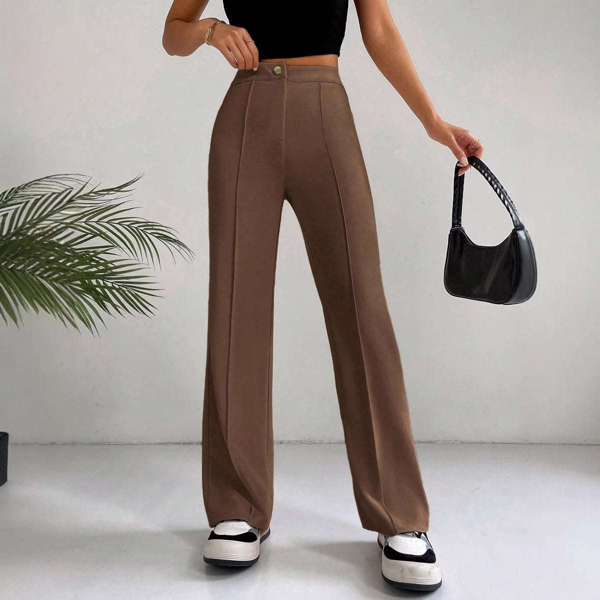 Pantalon Palazzo Femme Taille Haute avec Pli Marqué et Jambes Amples