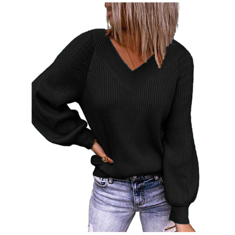 Pull à col en V côtelé pour femmes avec manches ballon et coupe décontractée Echoarchiv