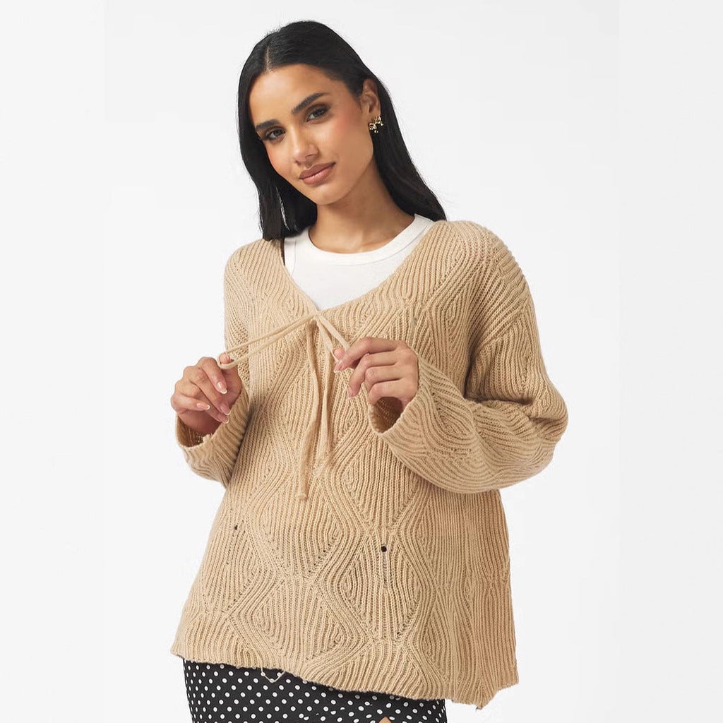 Pull-over en maille oversize pour femmes avec décolleté en V, cordon de serrage et structure en losanges