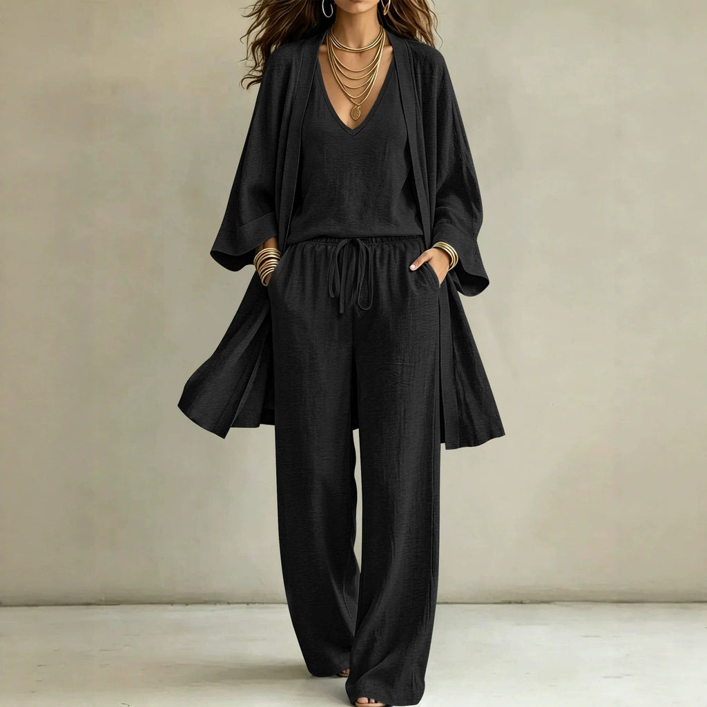 Ensemble de détente décontracté pour femmes avec cardigan kimono, t-shirt à col en V et pantalon large Echoarchiv