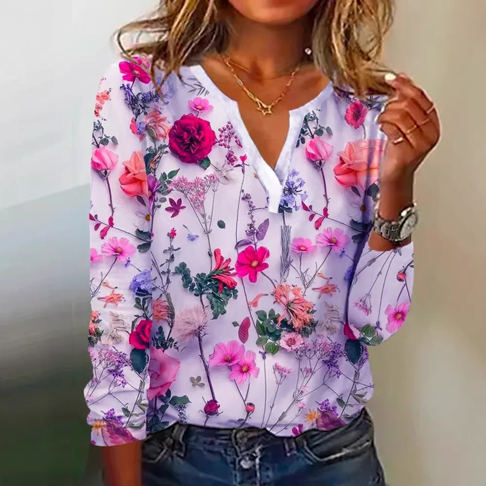 Blouse Longue Florale Femme en Look Chiffon avec Décolleté en V et Silhouette Décontractée Echoarchiv