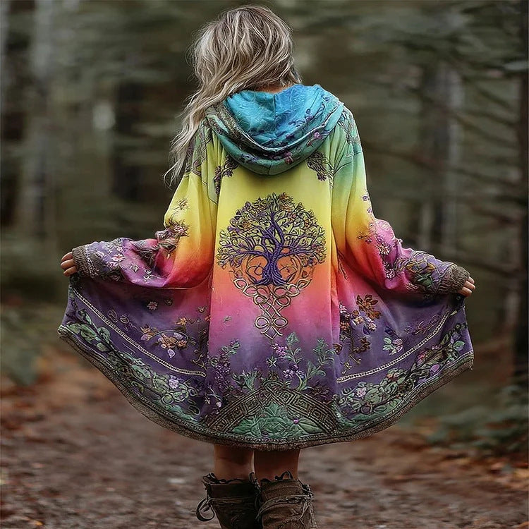 Manteau à capuche Boho pour femmes en coupe évasée avec motif arbre et dégradé Echoarchiv