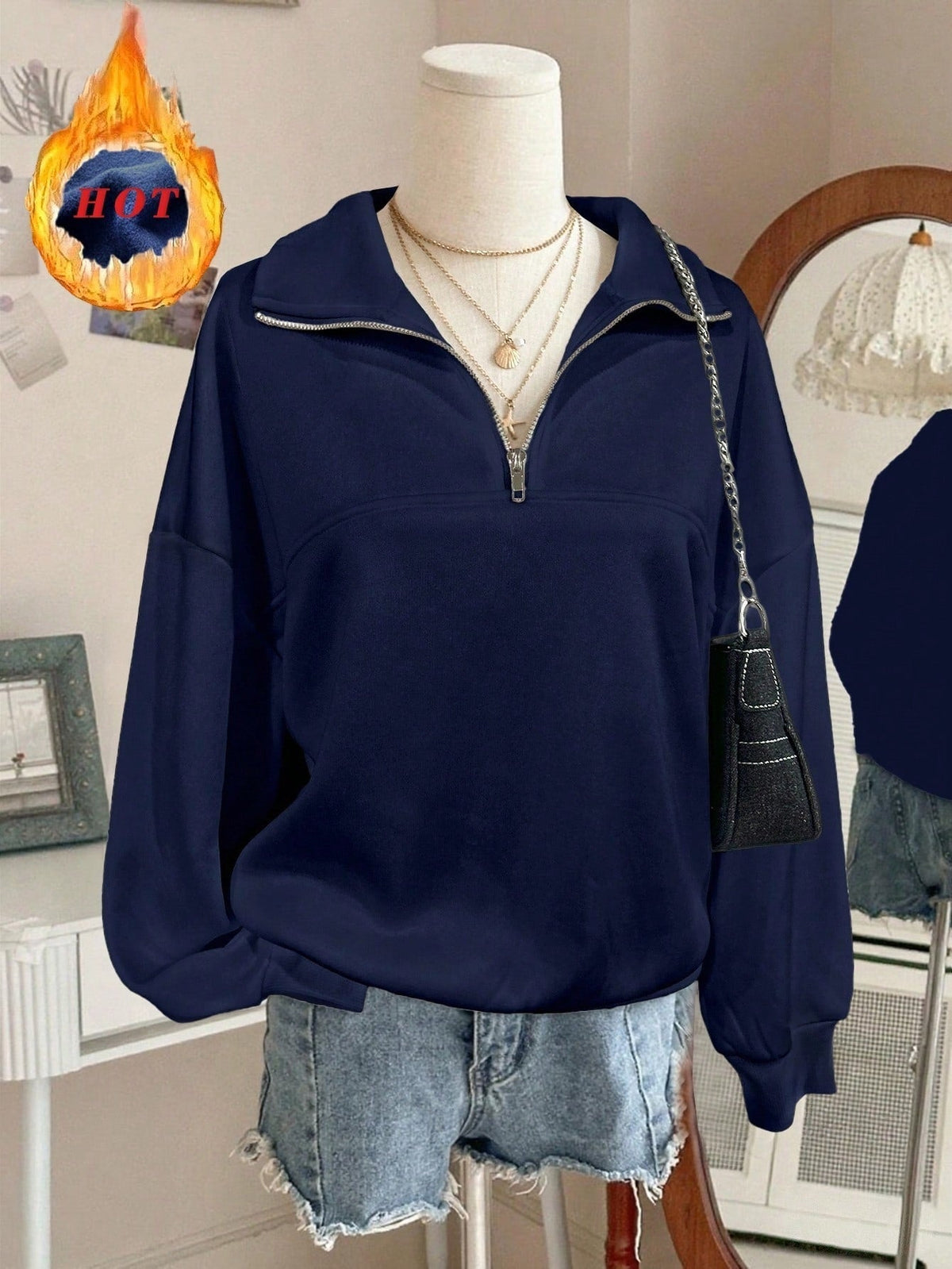 Sweatshirt oversize pour femmes avec demi-fermeture éclair, col montant et manches ballon Echo Archiv