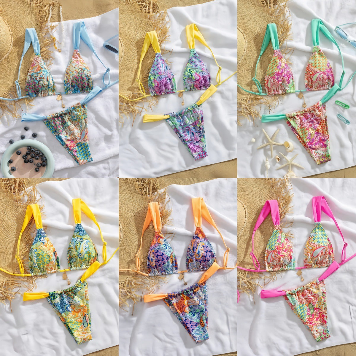 Bikini triangle pour femmes avec motif paisley coloré et bretelles réglables R&B