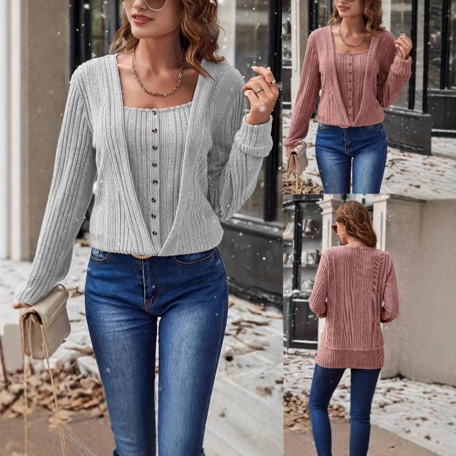 Ensemble en maille fine côtelée pour femmes avec cardigan ouvert et débardeur à boutons Echoarchiv