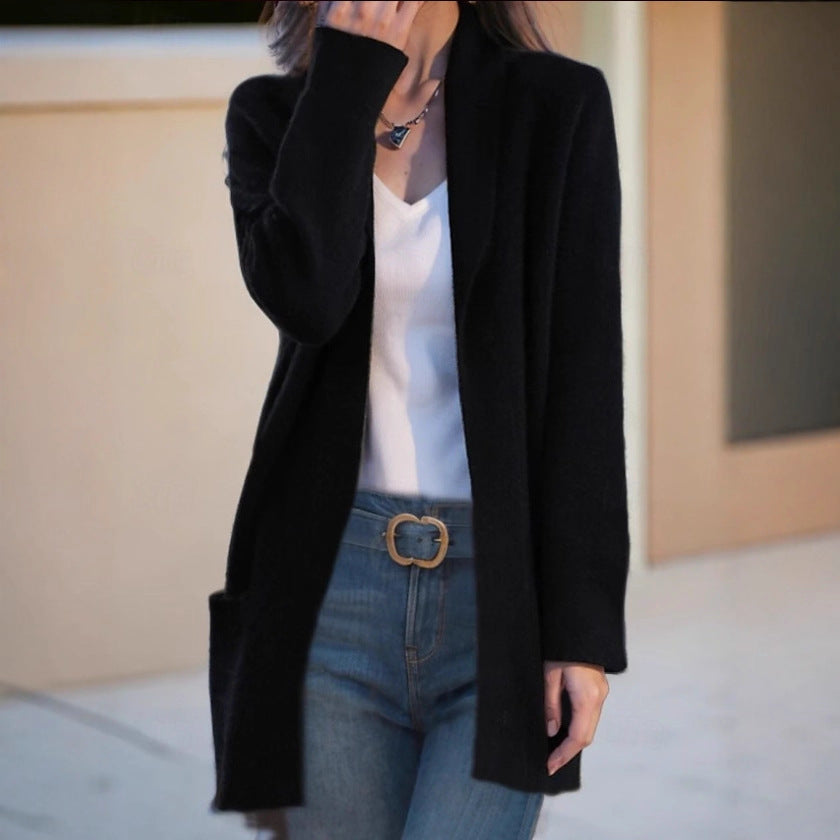 Cardigan long ouvert pour femmes en tricot doux avec poches plaquées