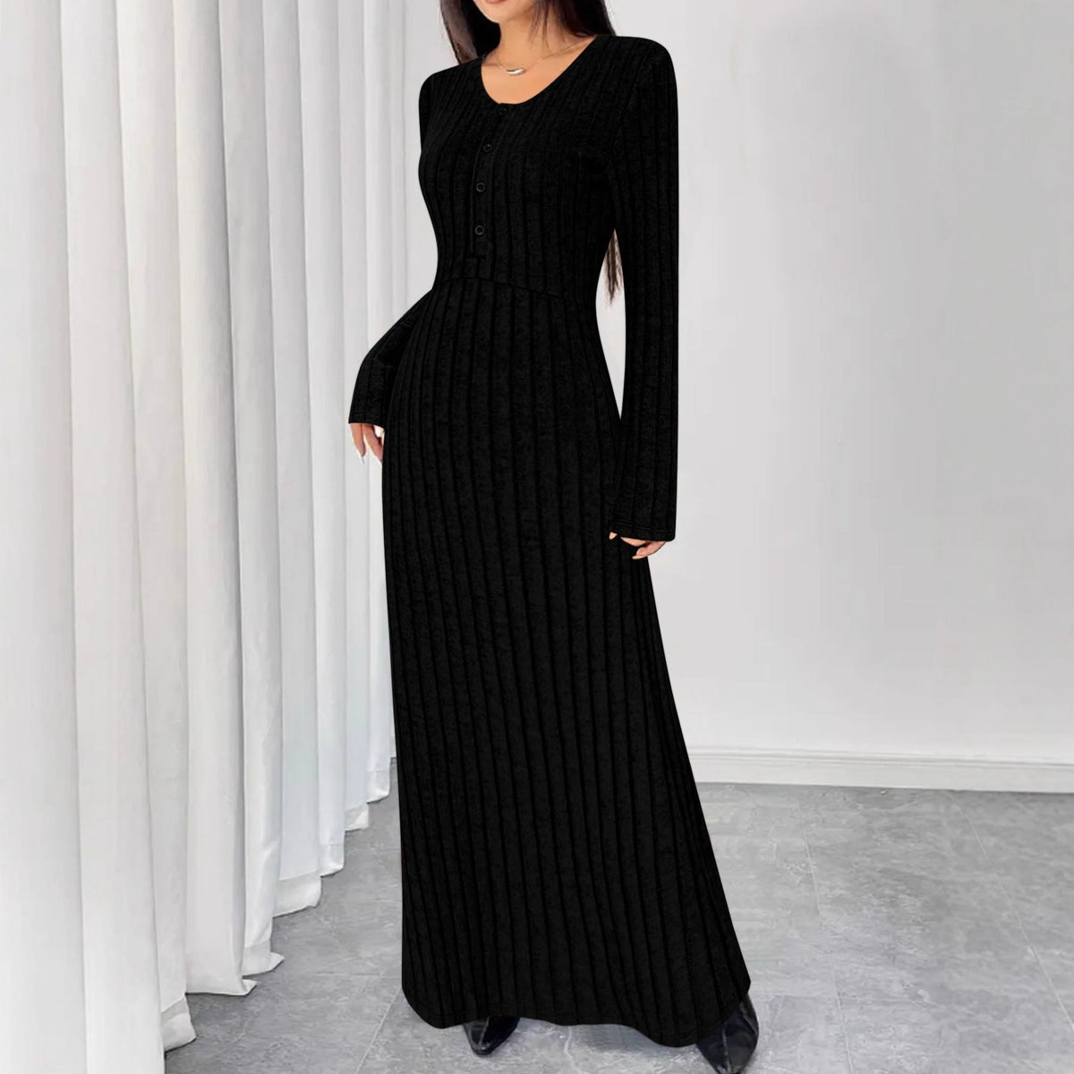 Robe maxi en tricot côtelé pour femmes avec couture à la taille et patte de boutonnage Echoarchiv