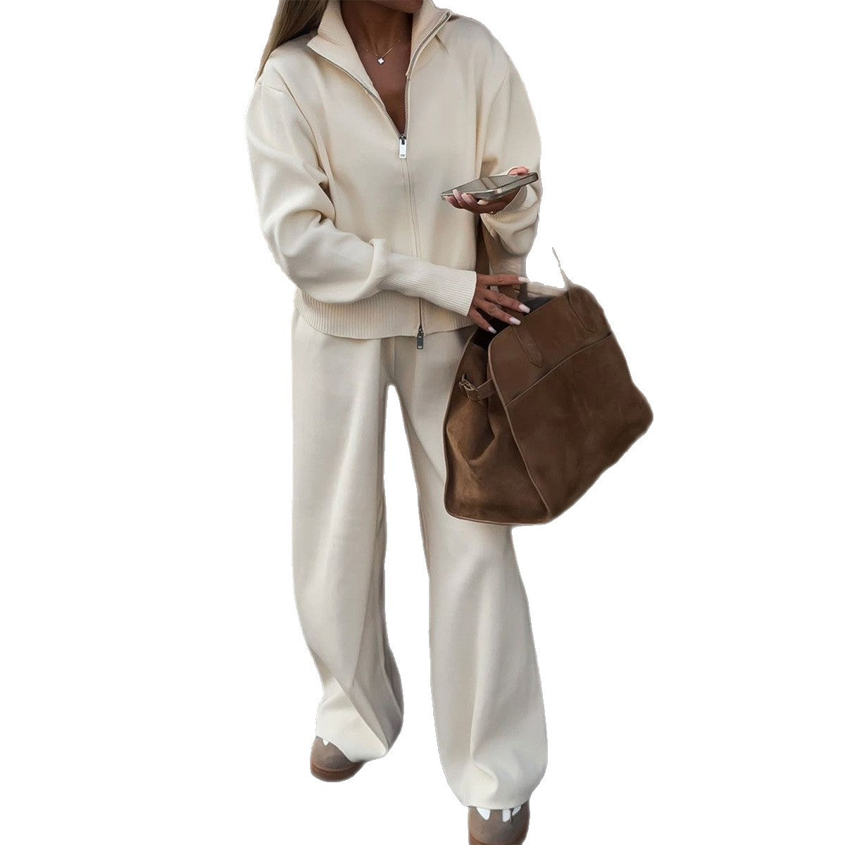 Ensemble de loungewear en tricot pour femmes avec col montant, fermeture éclair et pantalon taille haute large Echo Archiv