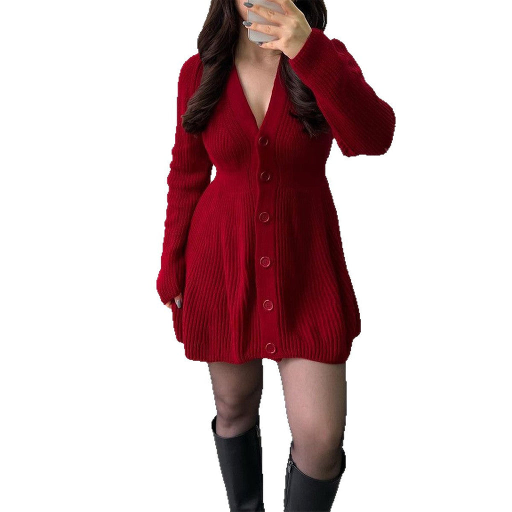 Robe tricotée ajustée pour femmes avec boutonnière intégrale, décolleté en V et jupe évasée en A - Echo Archiv
