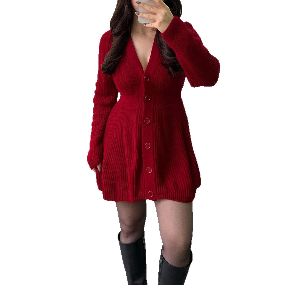 Robe tricotée ajustée pour femmes avec boutonnière intégrale, décolleté en V et jupe évasée en A - Echo Archiv