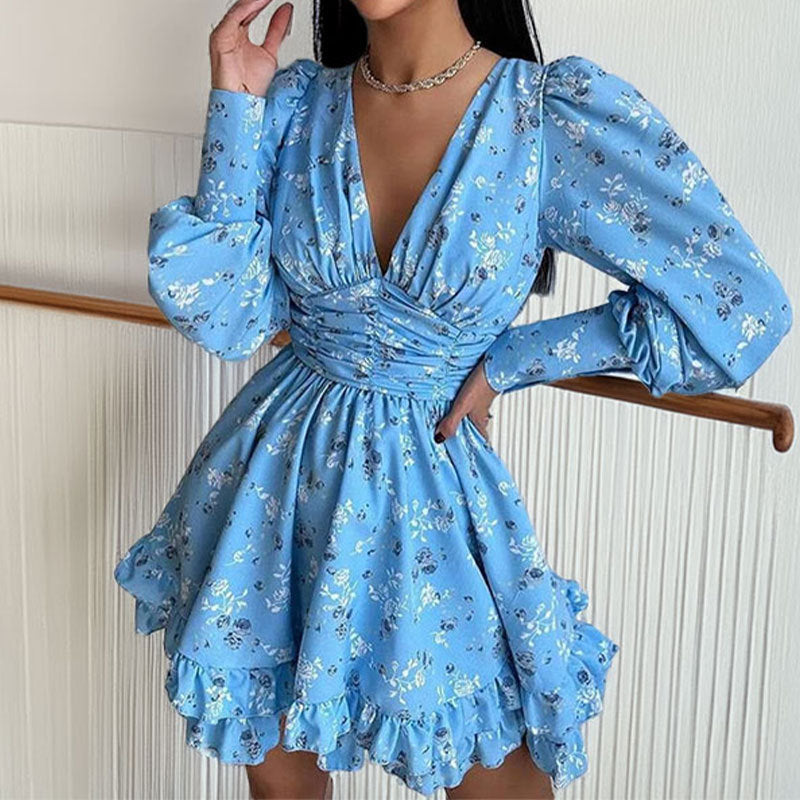 Robe Courte À Manches Amples Avec Motif Floral Et Col V Pour Femme | Idéale Pour Occasions Et Sorties