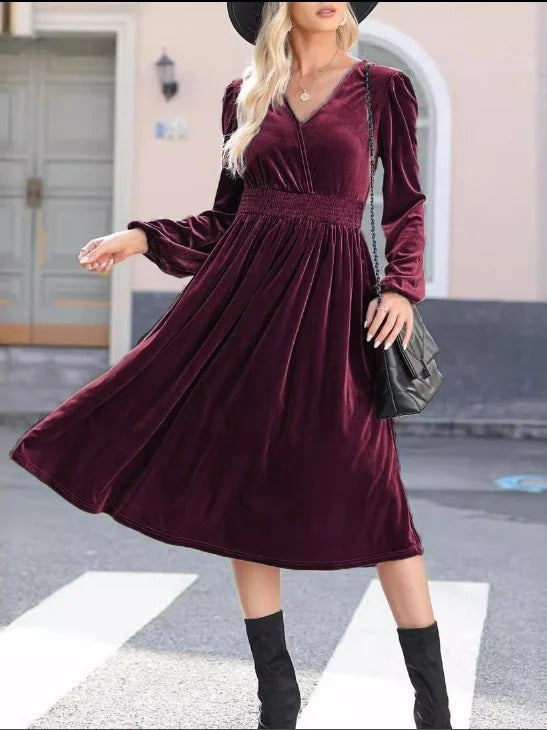 Robe midi en velours pour femmes avec décolleté en V, taille smock froncée et manches ballon longues