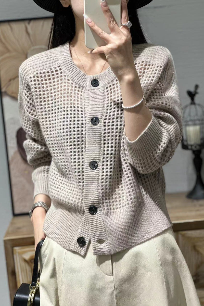 Cardigan en maille pour femmes avec col rond, patte de boutonnage et manches longues