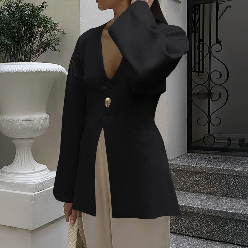 Cardigan fin ajusté pour dames avec décolleté en V, bouton décoratif et fente frontale Echo Archiv