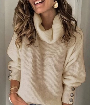 Pull à col roulé oversize confortable pour femmes avec boutons décoratifs sur les manches Echoarchiv
