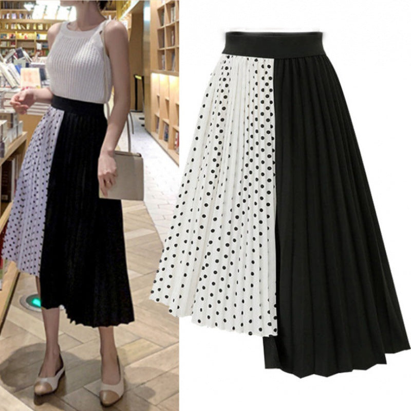 Jupe midi plissée asymétrique pour femmes avec panneau à pois et taille élastique Echo Archive