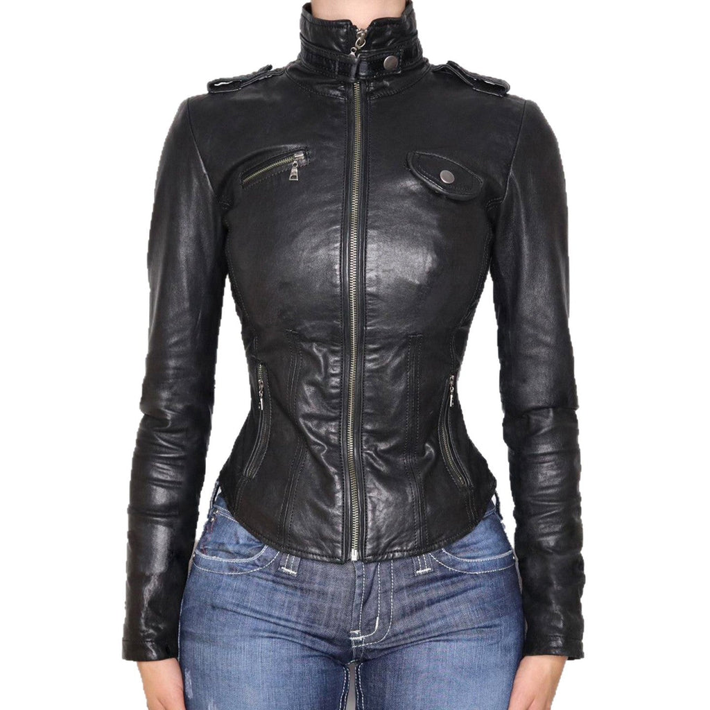 Veste en simili cuir pour femmes, cintrée, style biker, avec col montant, épaulettes et poches zippées Echo Archiv