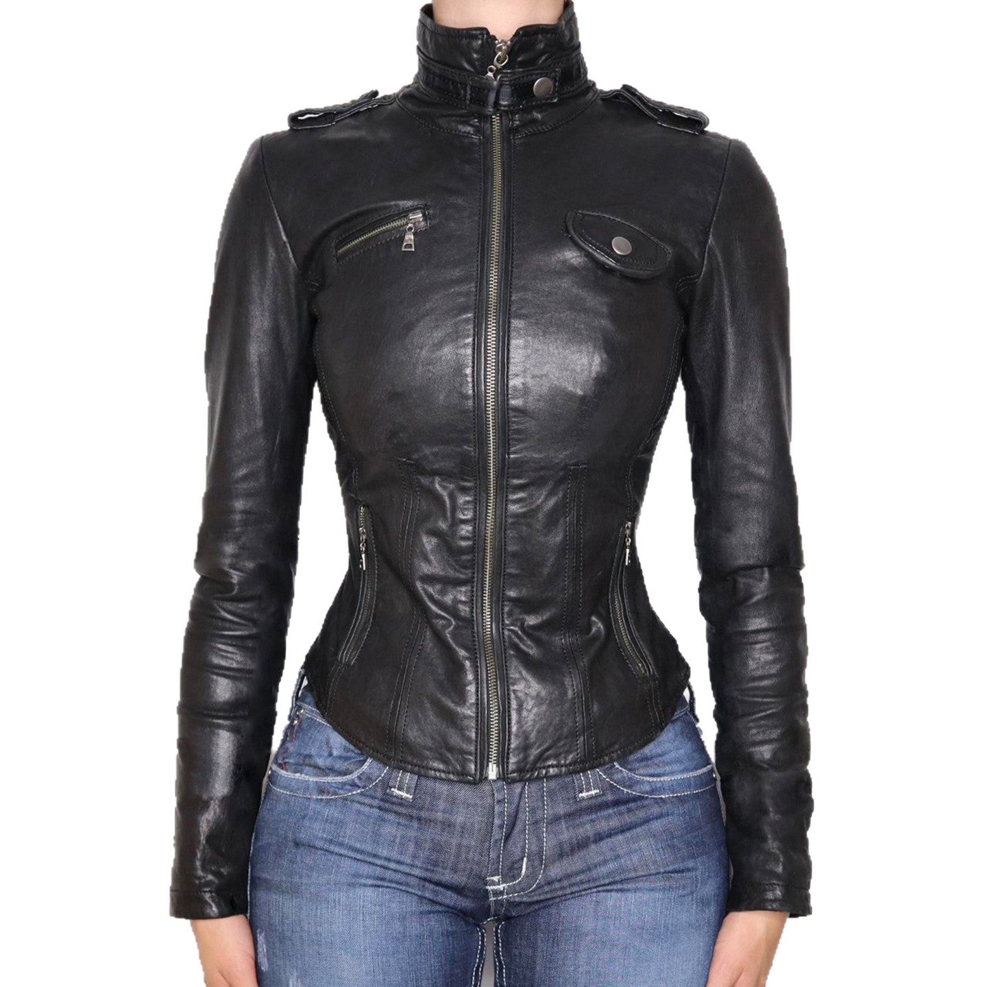 Veste en simili cuir pour femmes, cintrée, style biker, avec col montant, épaulettes et poches zippées Echo Archiv