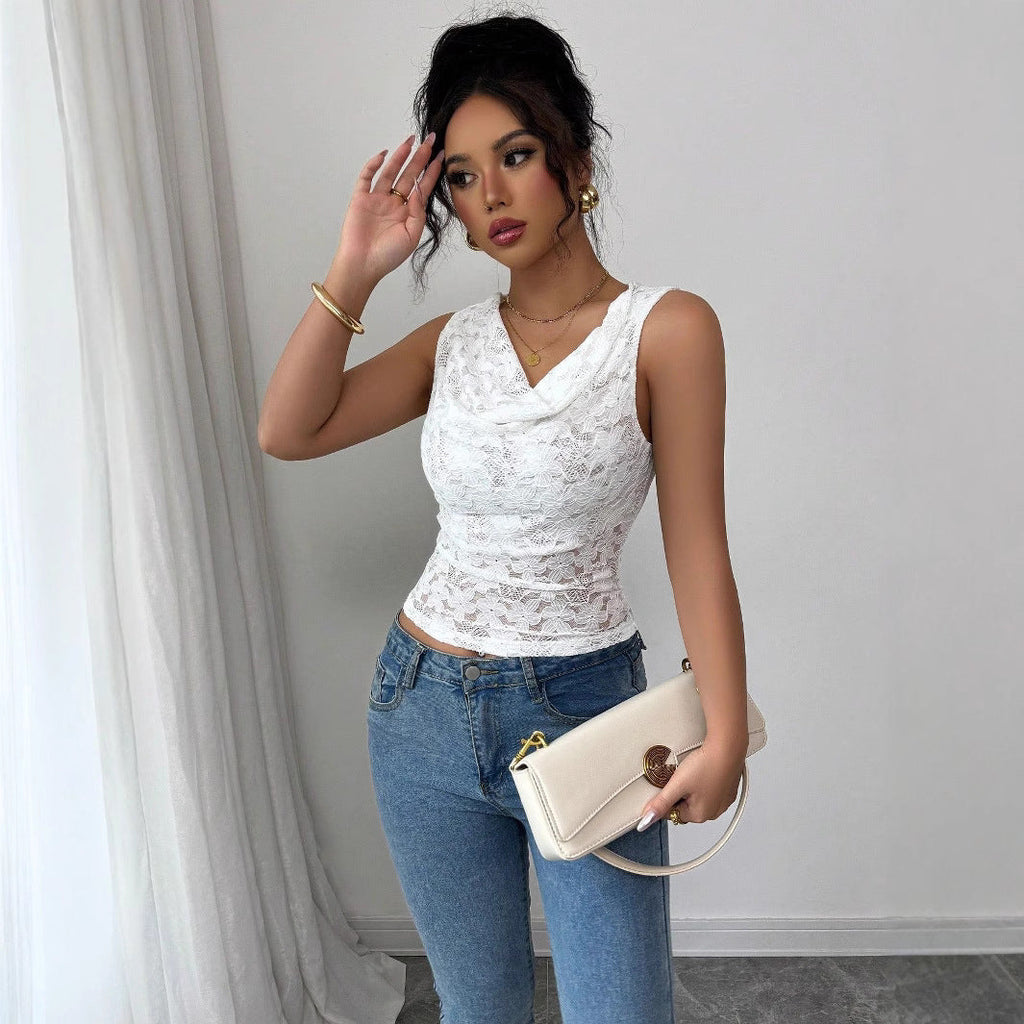 Top en dentelle pour femmes avec décolleté en cascade et taille cintrée R&B