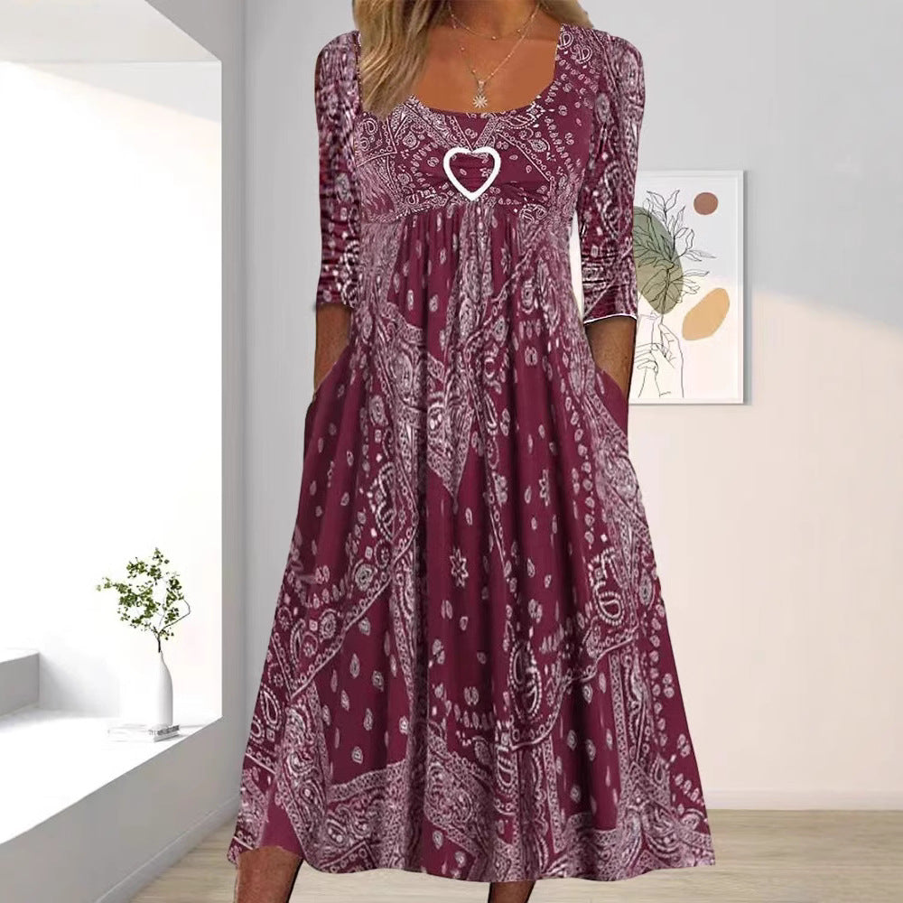 Robe maxi pour femmes avec motif bandana paisley, couture empire, zone sous-poitrine froncée et poches latérales R&B