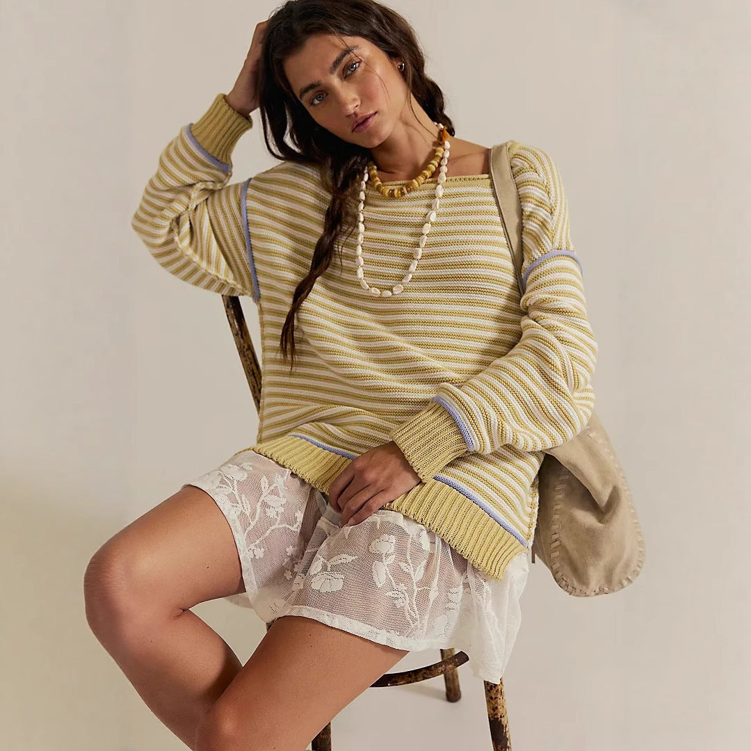 Pull-over rayé oversize pour femmes avec coupe ample, bords-côtes et passepoils contrastés Echoarchiv