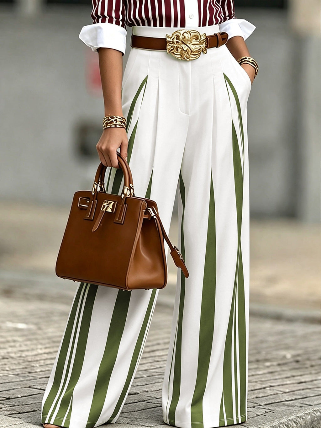 Pantalon palazzo large taille haute pour femmes avec rayures verticales et plis marqués Echoarchiv