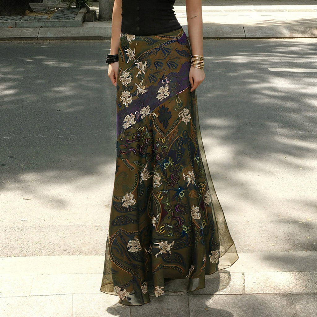 Jupe longue et élégante pour femmes au style vintage avec motif floral et coupe fluide R&B