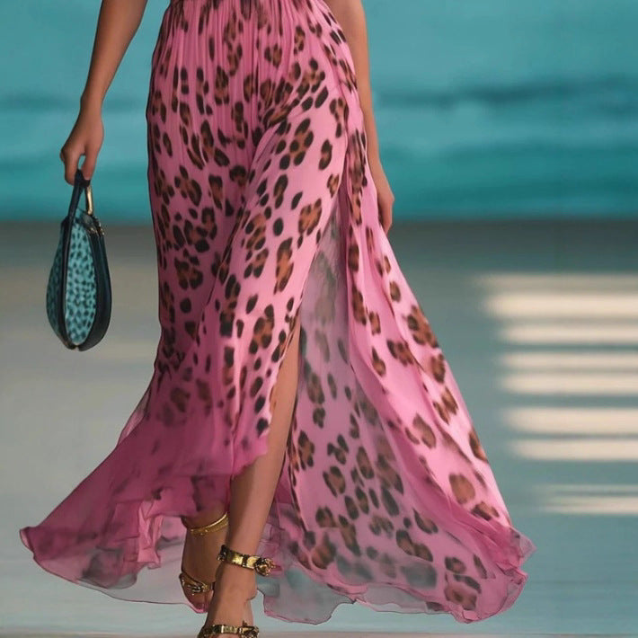 Robe maxi femme avec décolleté en V profond, dos nu tressé, imprimé léopard, jupe en chiffon plissé et fente latérale R&B