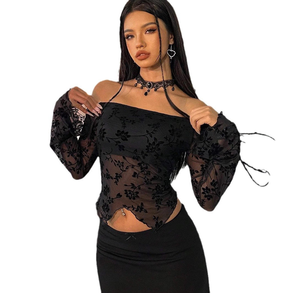 Top en maille transparent pour femmes avec application en velours floral, décolleté Carmen et ourlet court R&B