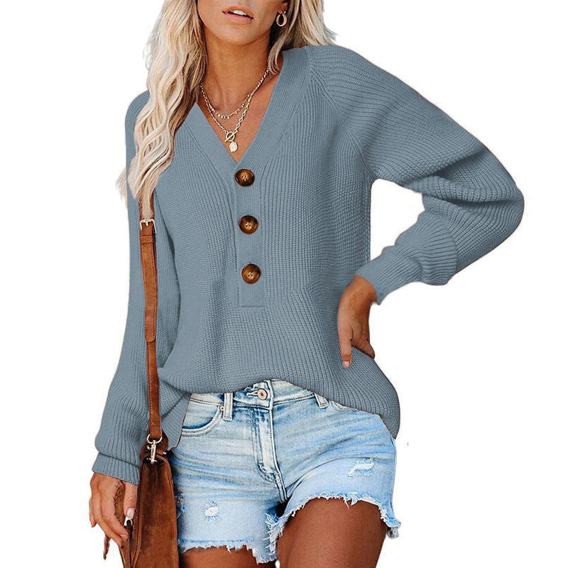 Pull en tricot côtelé pour femmes avec décolleté en V, patte de boutonnage décorative et manches ballon Echoarchiv