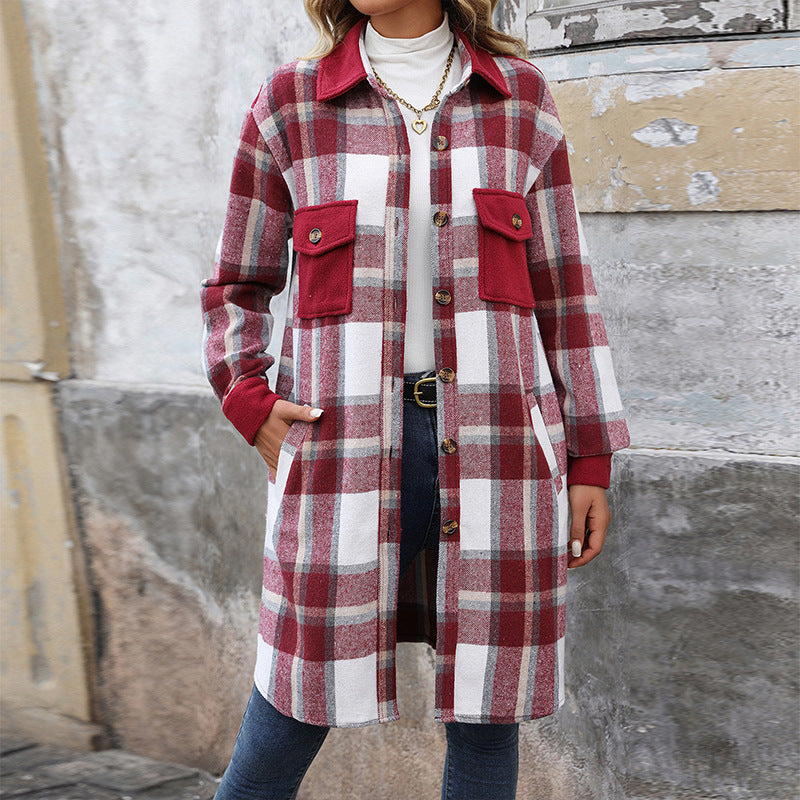 Veste à carreaux pour femme avec poches et boutons, manches longues