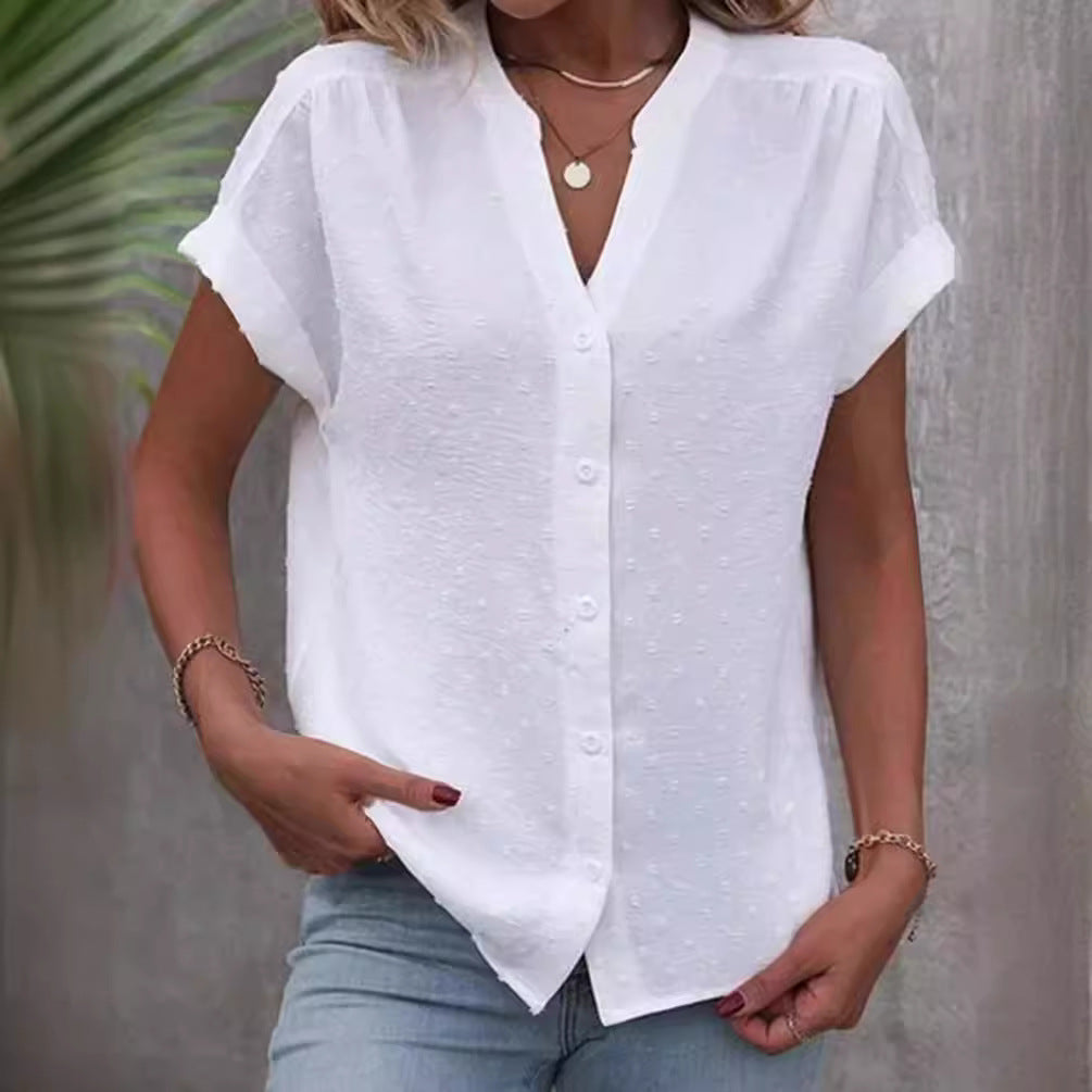 Blouse à boutons sur le devant à encolure en V pour femmes avec pois Dobby et manches courtes retroussables R&B