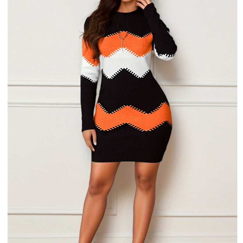 Robe Mini Tricotée Ajustée pour Femmes avec Manches Longues et Motif Zigzag Echoarchiv