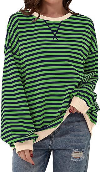 Sweat-shirt à rayures oversize décontracté pour femmes avec manches raglan et bords contrastés Echoarchiv