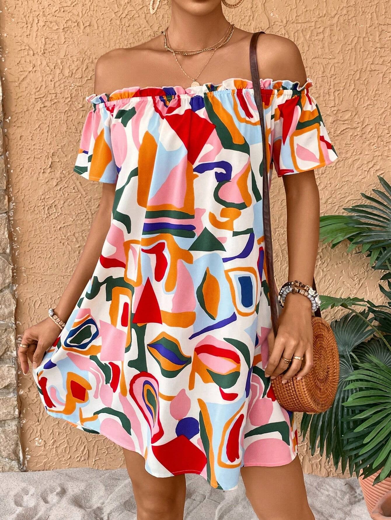 Robe mini A-line sans manches avec col élastique froncé et manches volantées R&B