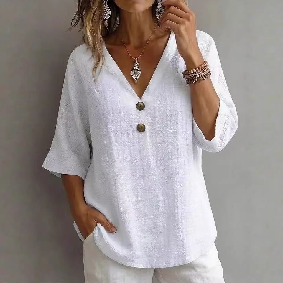 T-shirt décontracté à col en V pour femmes avec détails en bouton