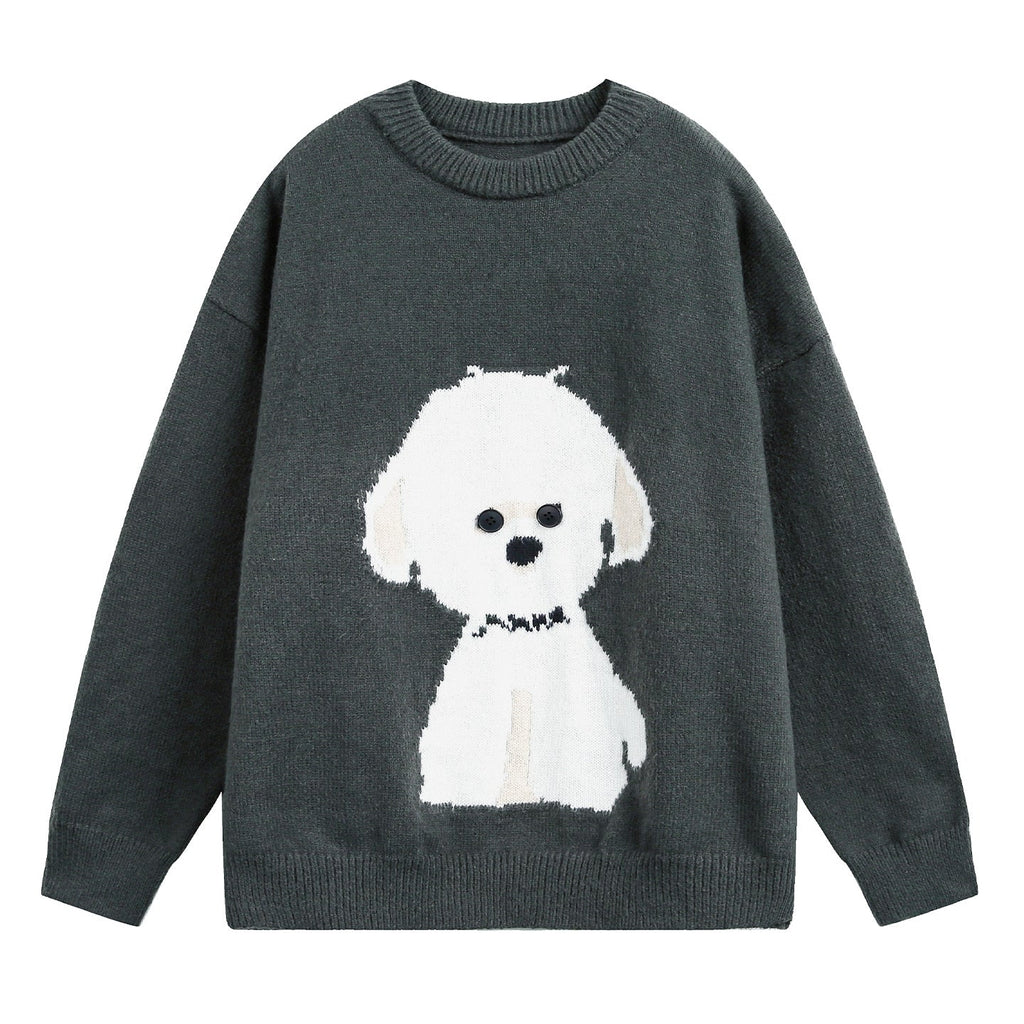 Pull oversized à col rond pour femmes avec motif de chien
