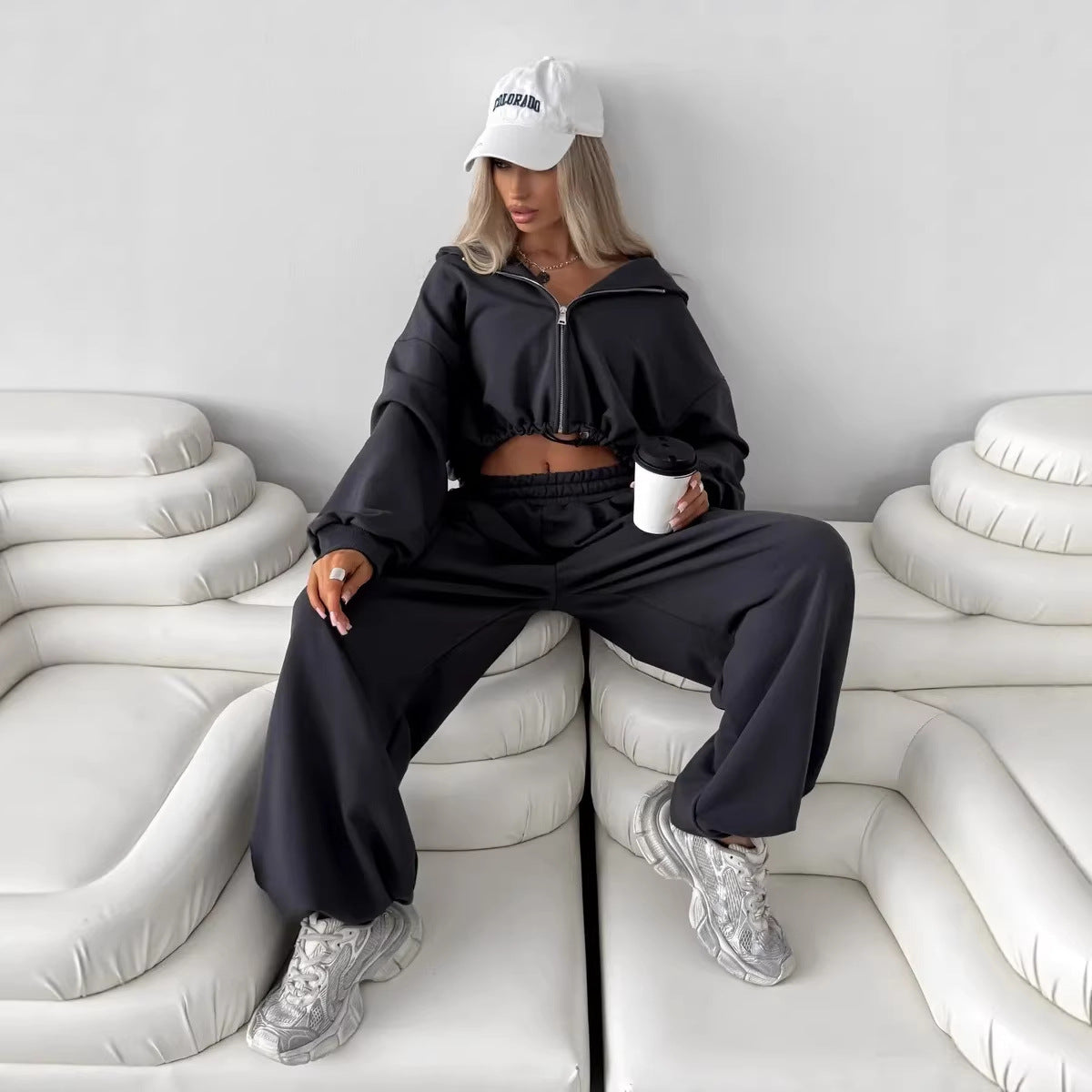 Ensemble de sweat à capuche cropped zippé et joggers palazzo pour femmes Echo Archiv