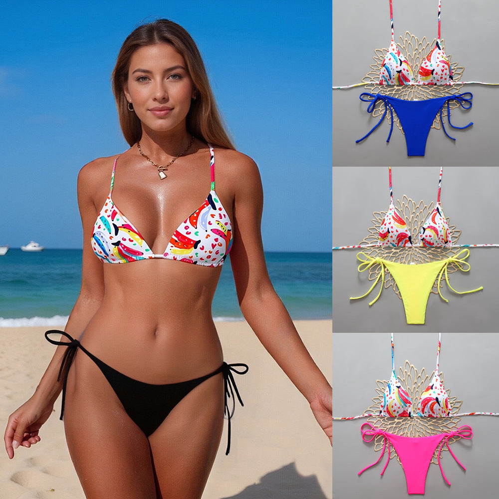 Bikini triangle pour femmes avec motif de fruits coloré et bretelles réglables R&B
