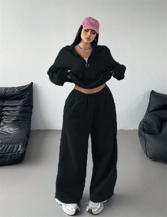 Sweat à capuche zippé cropped en velours pour femmes et pantalon jogging palazzo taille haute large Echo Archiv