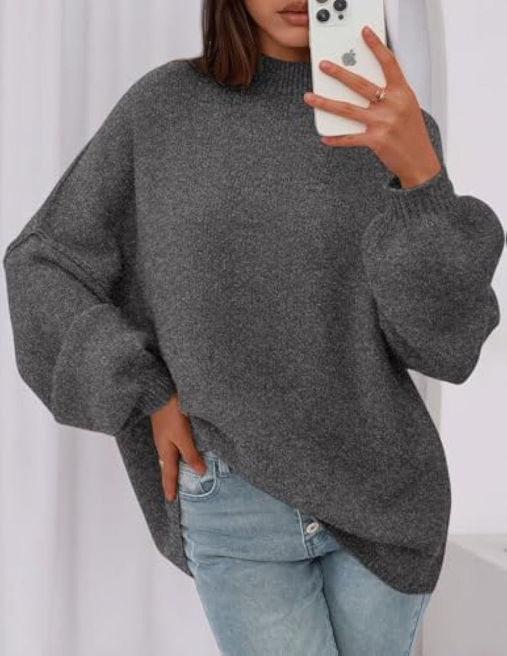 Pull en maille oversize pour femmes avec col montant et manches ballon